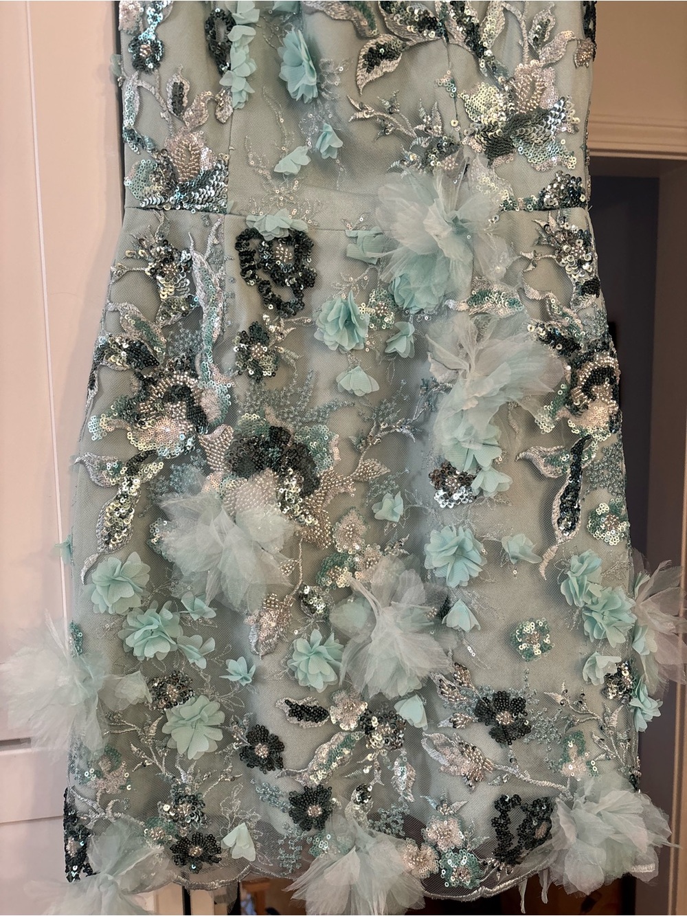 new Helsi Hilma 3D floral appliqué mesh mini dress in Sage seafoam green - Picture 4 of 6
